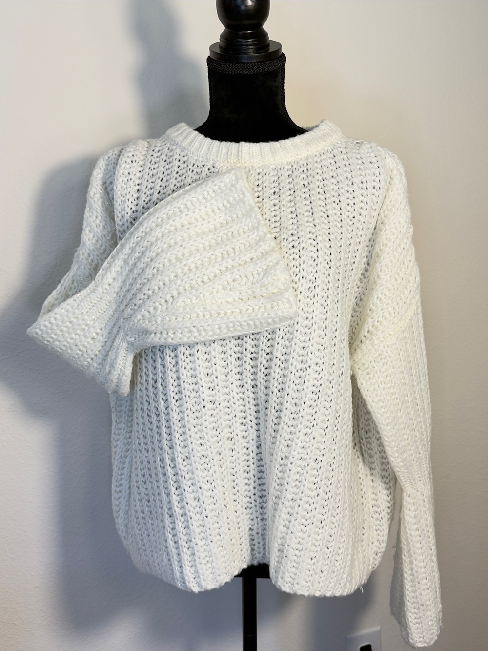 Moon & Madison White Open-Knit Crewneck Sweater with Flared Sleeves